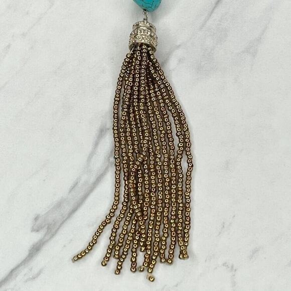 Chico's Cream Beaded Faux Turquoise Gold Tone Tassel Pendant Statement Necklace - Picture 3 of 11